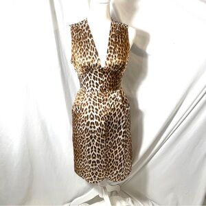 Leopard Print 100% SILK Dress XS Fits like M/ Made in USA Smocked Waist Pockets